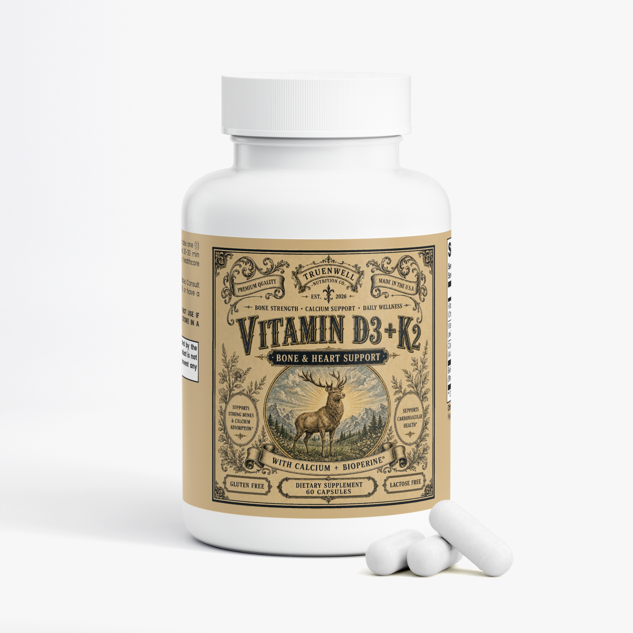 Vitamin D3 + K2 MK-7 with Calcium & BioPerine – 60 Capsules