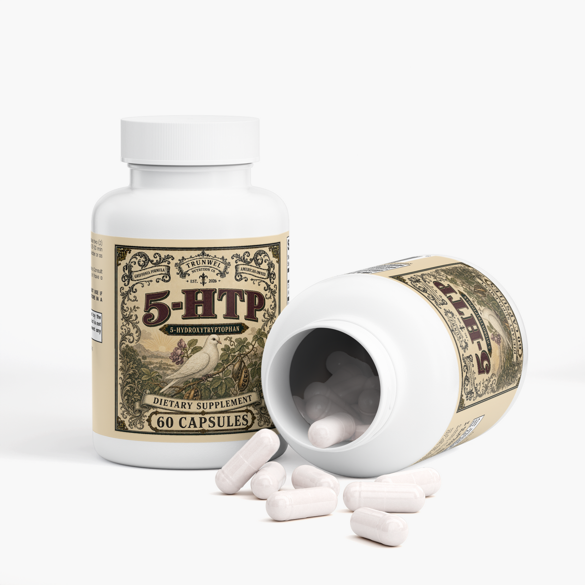5-HTP 200 mg per Serving – 5-Hydroxytryptophan from Griffonia Simplicifolia Seed Extract with Calcium – 60 Capsules