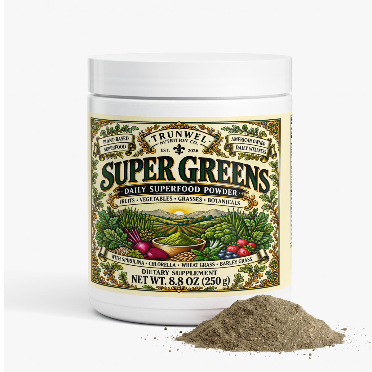 TRUNWEL Super Greens Powder with Spirulina & Chlorella, 8.8 oz