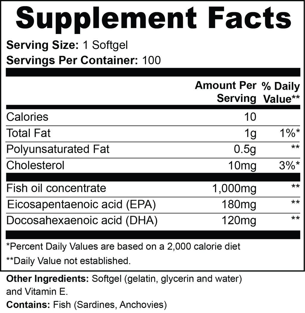Omega-3 Fish Oil – EPA 180mg + DHA 120mg – 100 Softgels