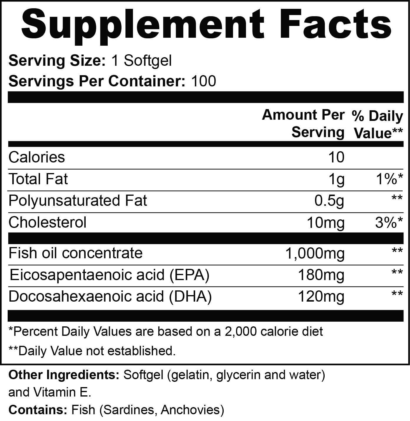 Omega-3 Fish Oil – EPA 180mg + DHA 120mg – 100 Softgels