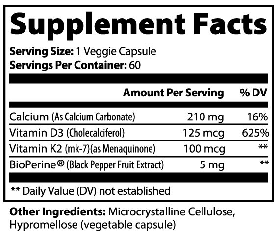 Vitamin D3 + K2 MK-7 with Calcium & BioPerine – 60 Capsules