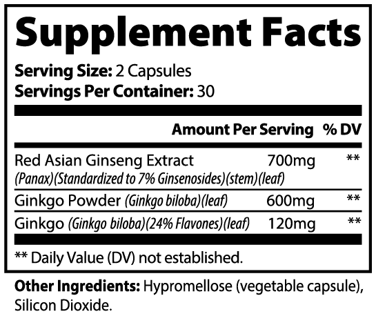 Ginkgo Biloba + Ginseng – Focus & Mental Clarity – 60 Capsules