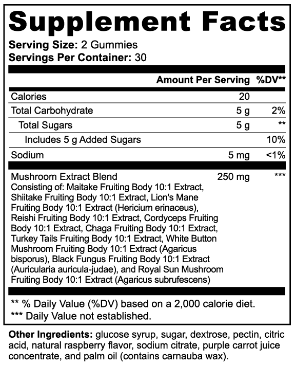 Mushroom Extract Complex Gummies – 10-Mushroom Blend – 60 Gummies