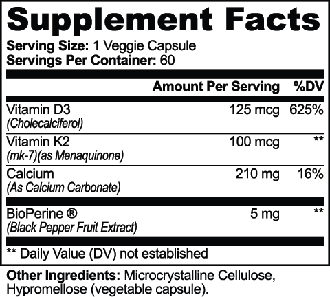Vitamin D3 + K2 MK-7 with Calcium & BioPerine – 60 Capsules
