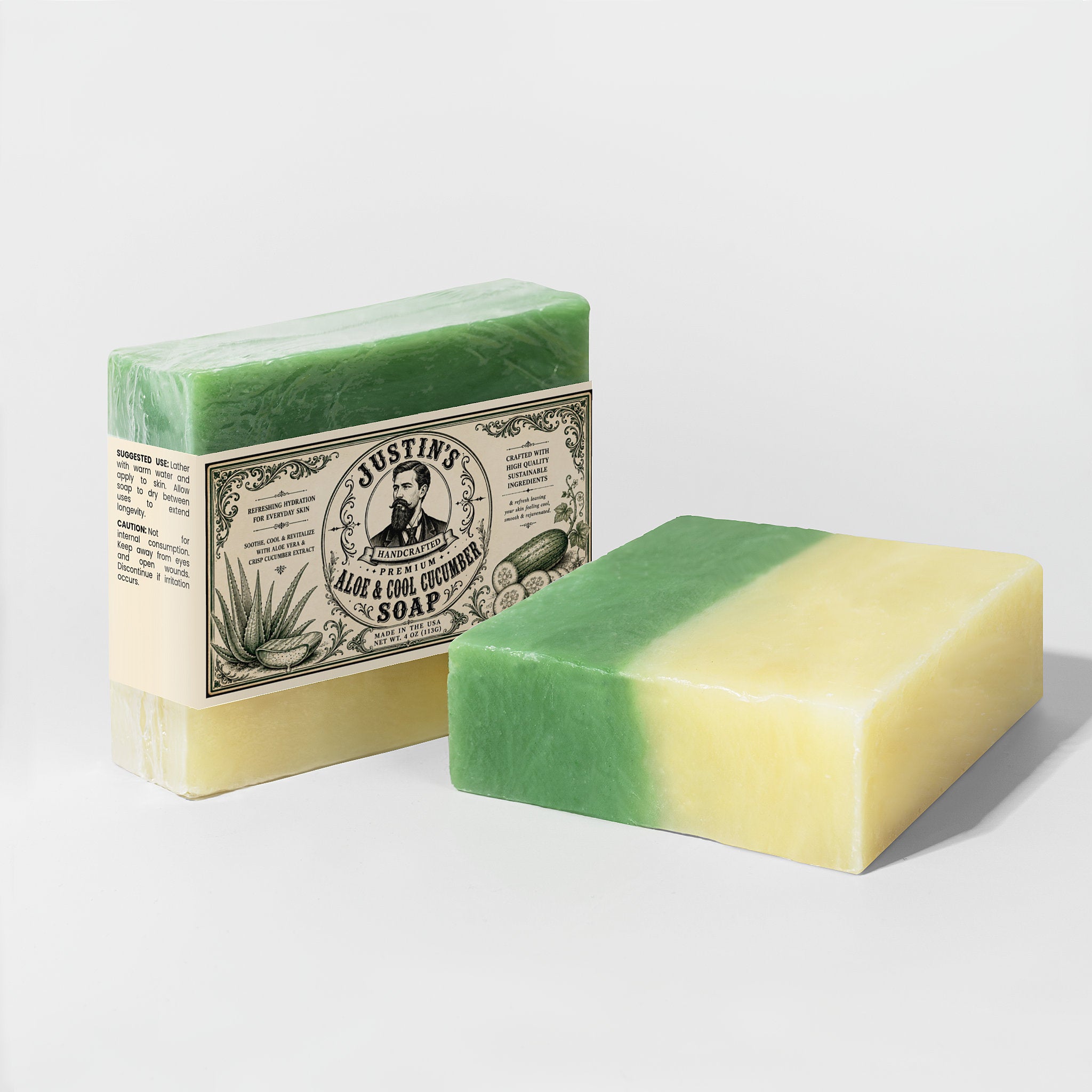 Aloe and cool cucumber artisan soap bar for moisturizing and refreshing skin.