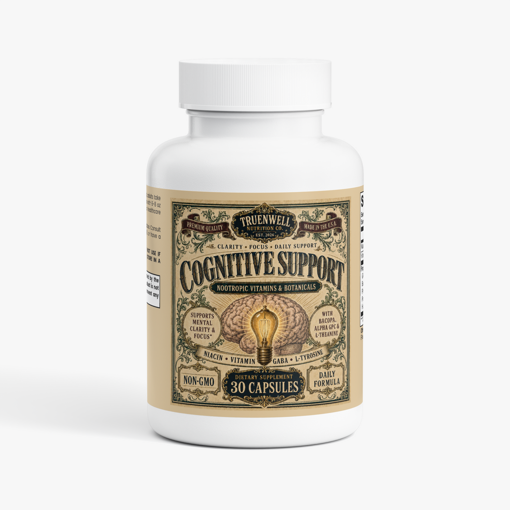 TRUENWELL Cognitive Support supplement bottle with vintage Victorian label
