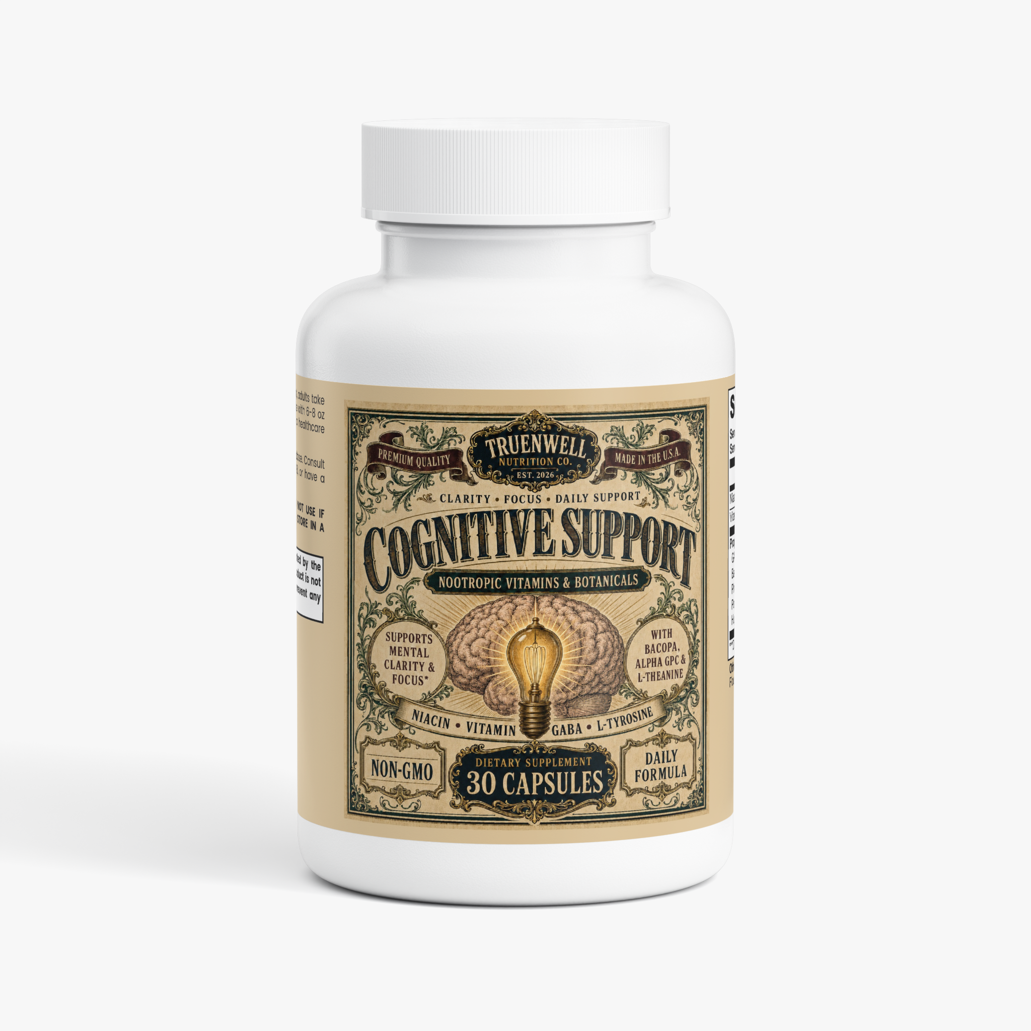 TRUENWELL Cognitive Support supplement bottle with vintage Victorian label
