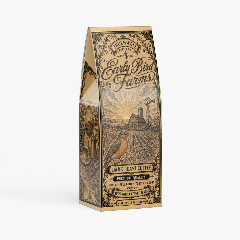 Early Bird Farms premium dark roast whole bean coffee 12 oz package

