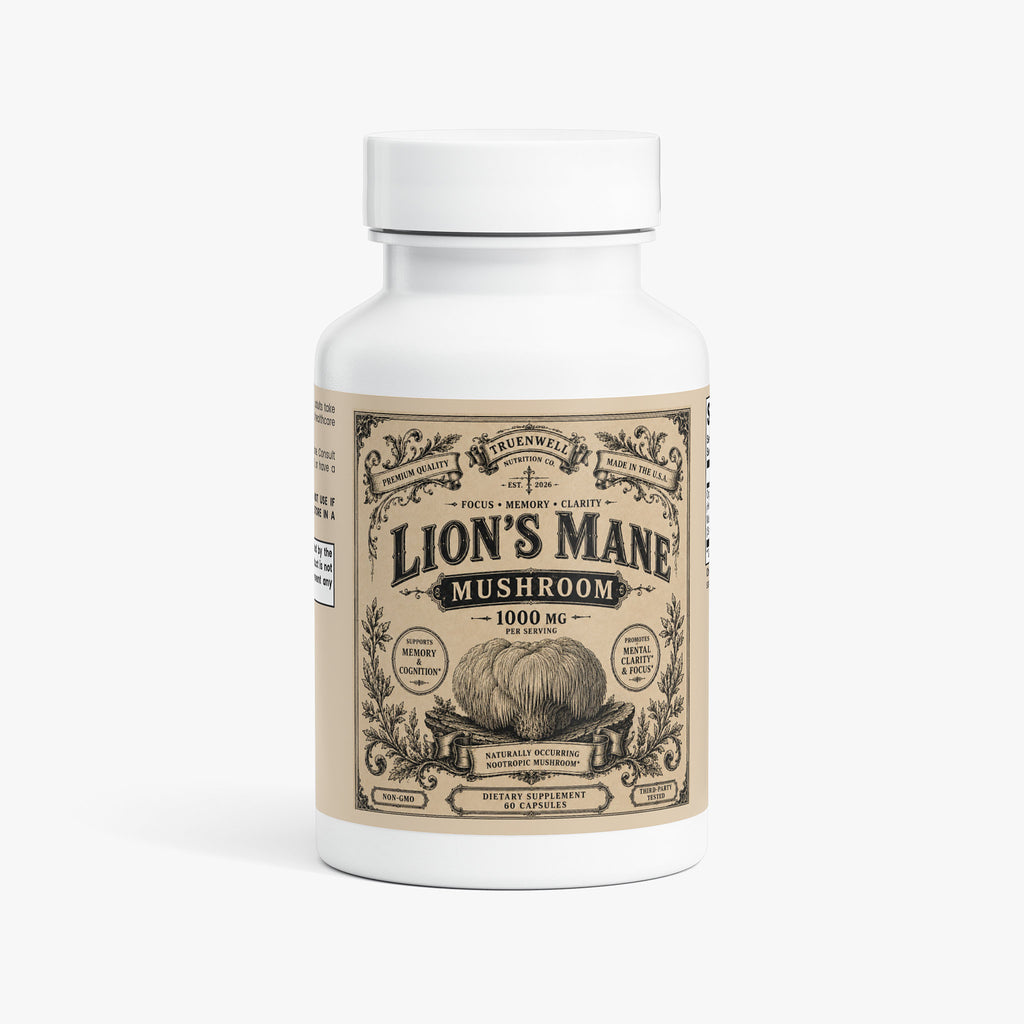 TRUENWELL Lion's Mane Mushroom brain and focus support supplement bottle with vintage label.
