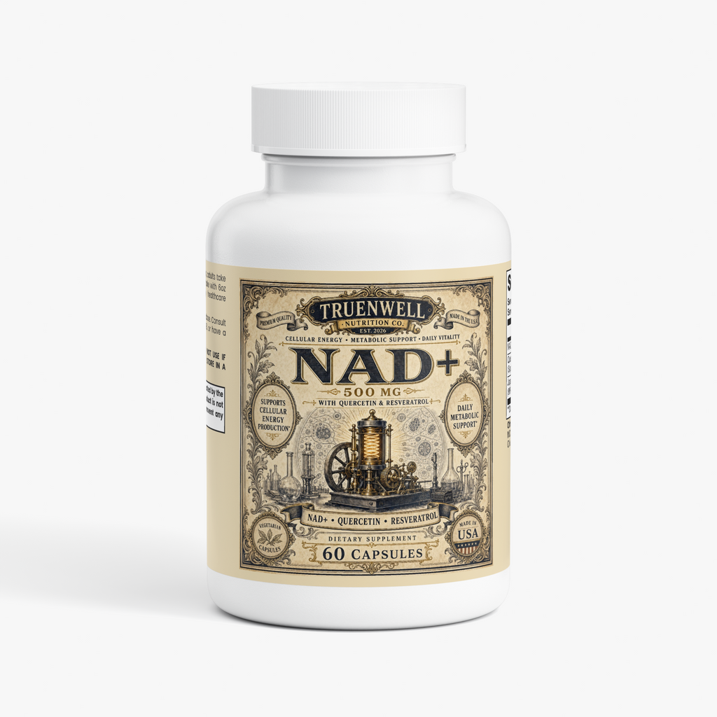 TRUENWELL NAD+ 500 mg supplement bottle with Victorian engraved label
