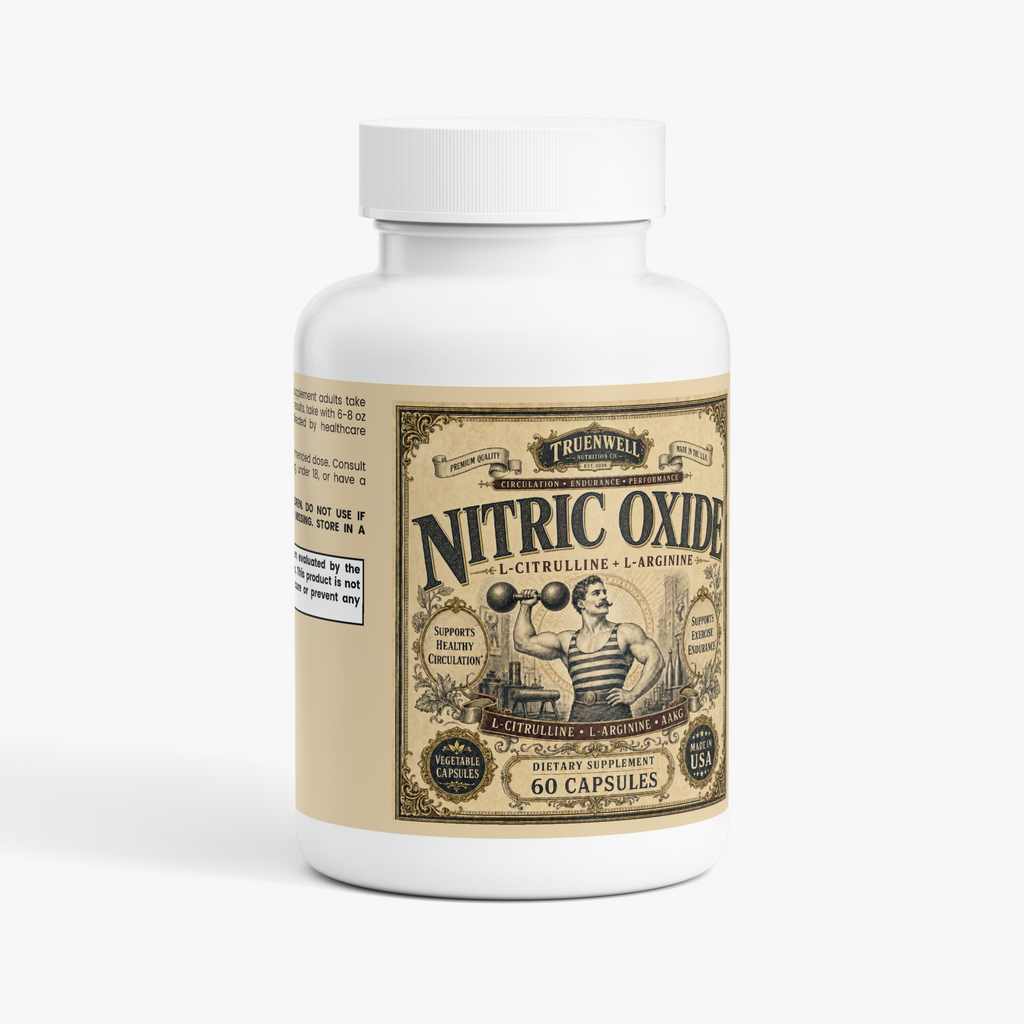 TRUENWELL Nitric Oxide Support supplement bottle with vintage Victorian label

