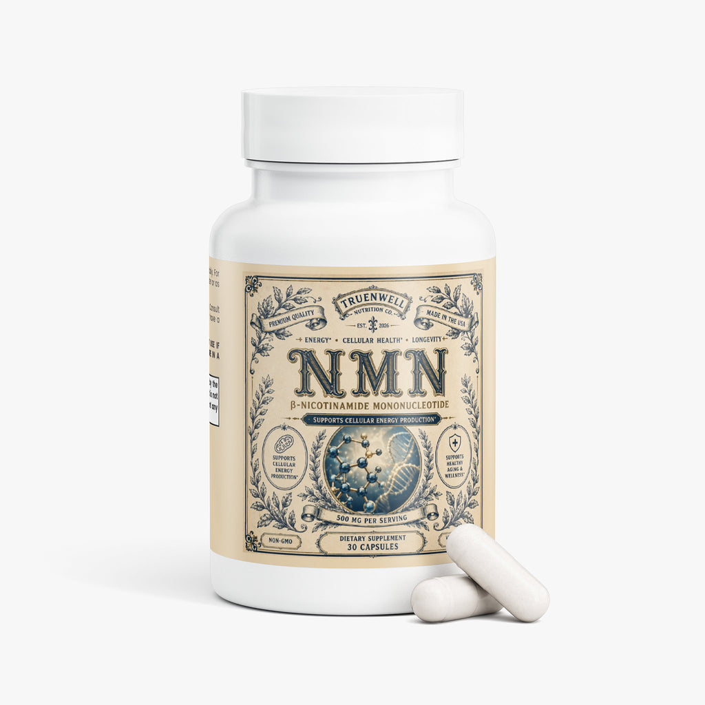 TRUENWELL NMN bottle with vegetarian capsules displayed.
