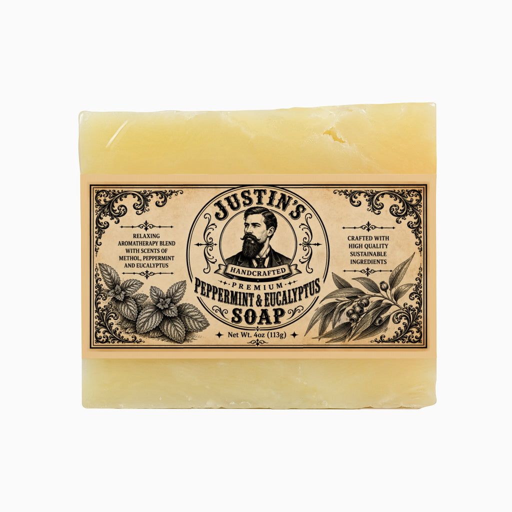 Justin's Peppermint & Eucalyptus Soap handcrafted natural cooling soap bar with essential oils.