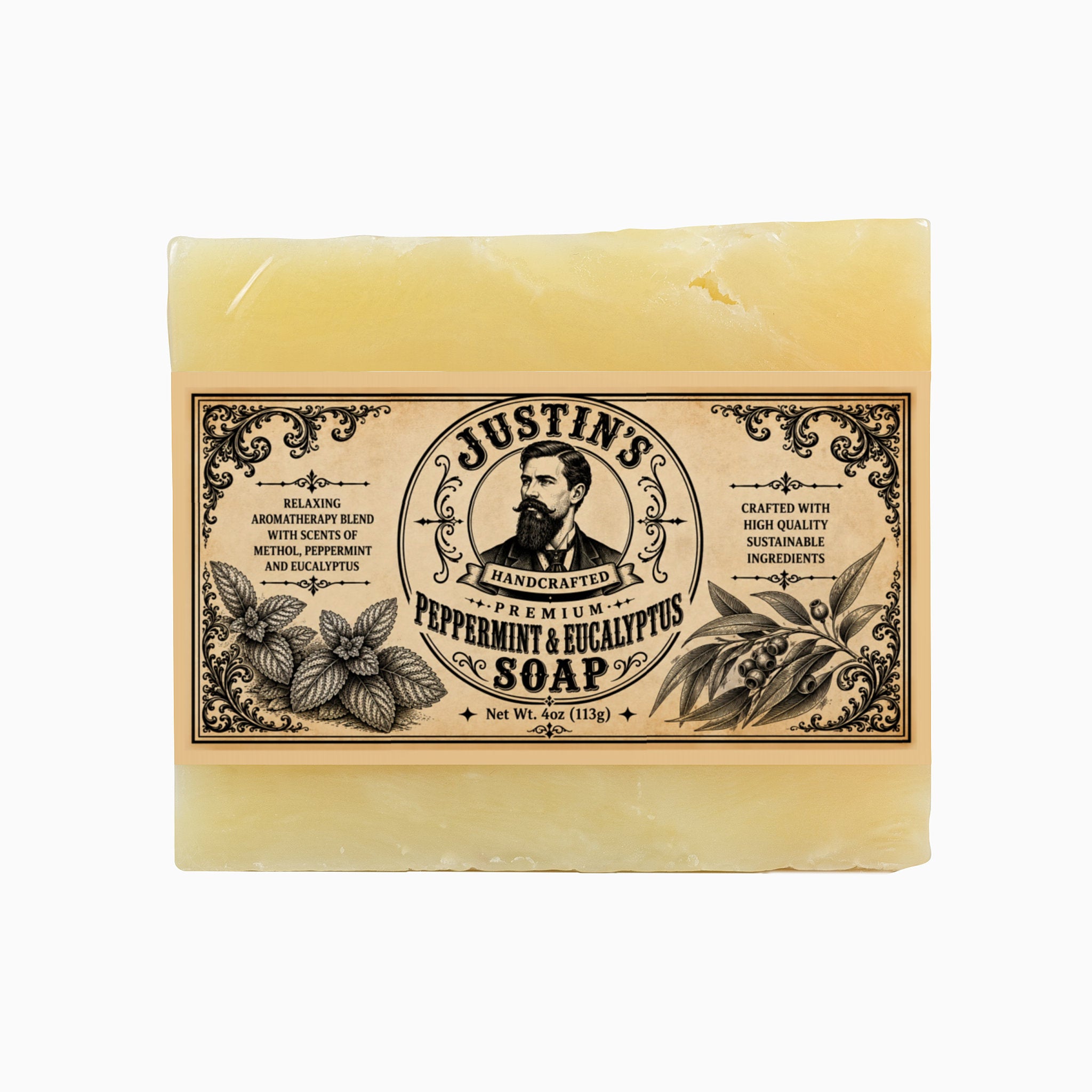Justin's Peppermint & Eucalyptus Soap handcrafted natural cooling soap bar with essential oils.