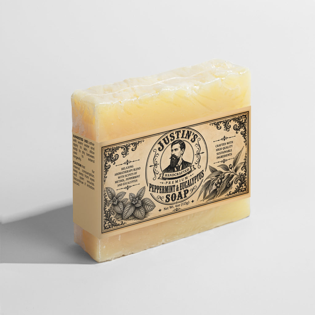 Side view of handcrafted peppermint and eucalyptus soap made with sustainable ingredients.