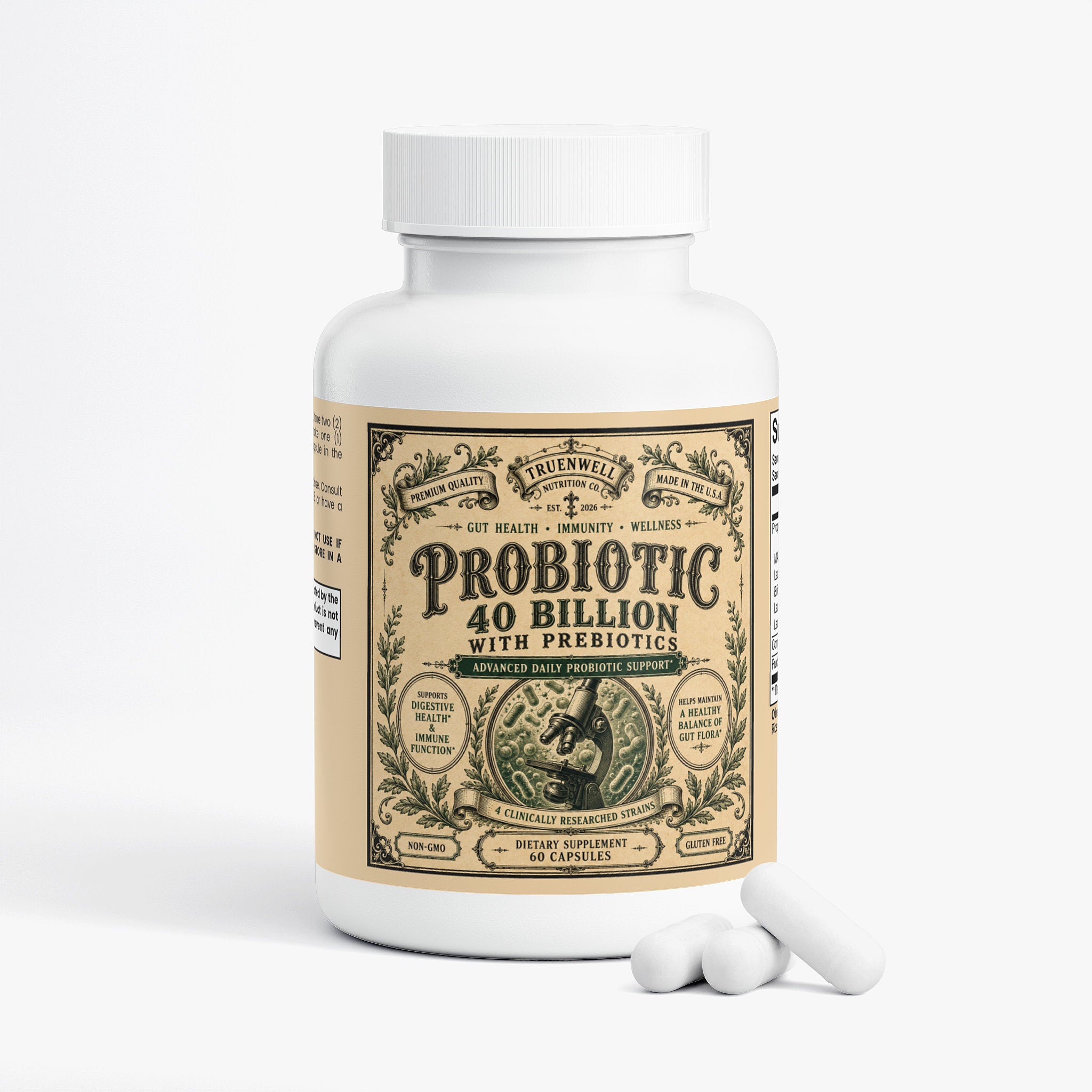 TRUENWELL Probiotic bottle with capsules displayed.
