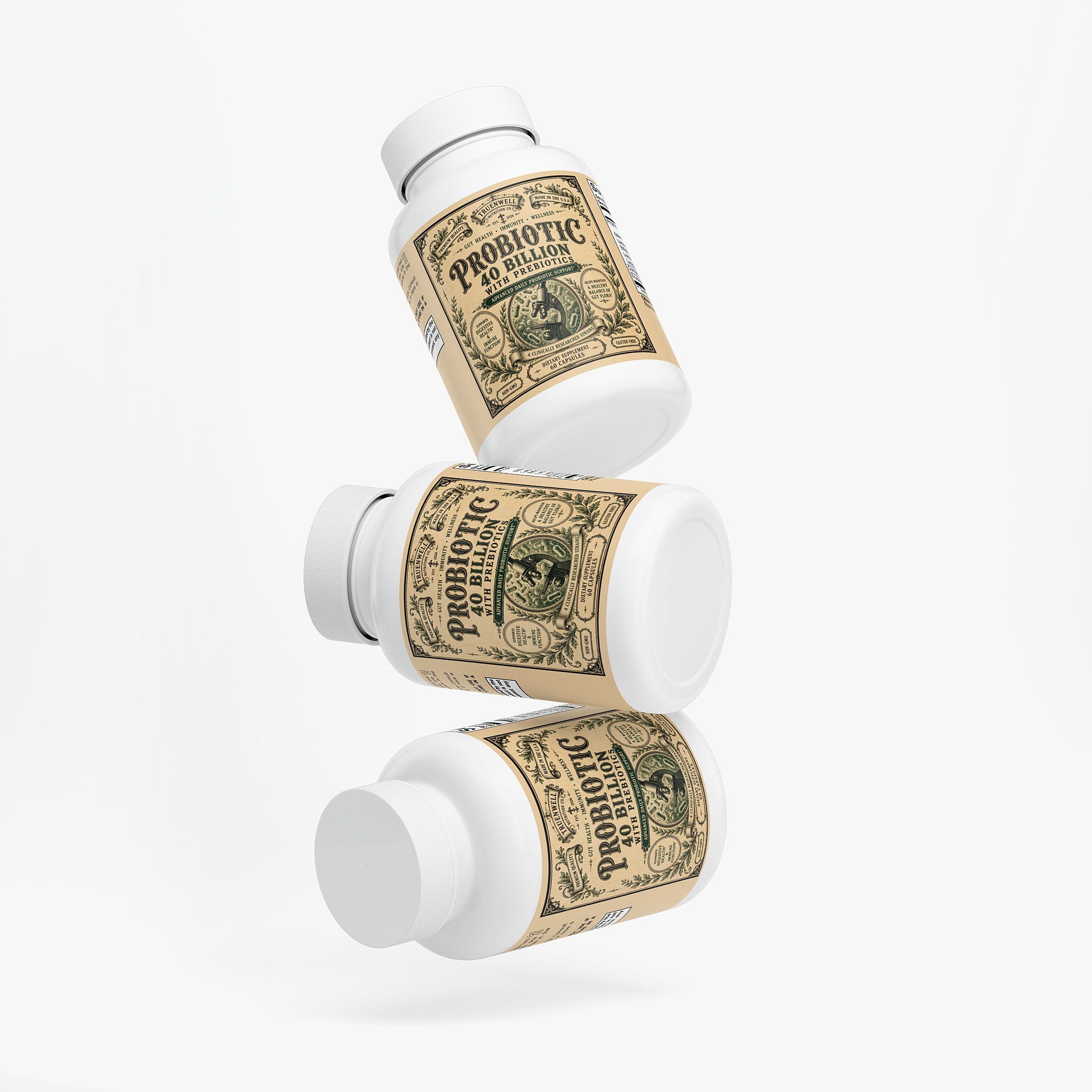 TRUENWELL Probiotic supplement bottle displayed from multiple angles.
