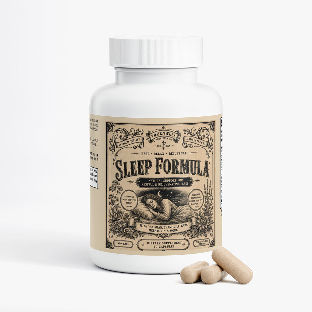 TRUENWELL Sleep Formula bottle with capsules displayed.

