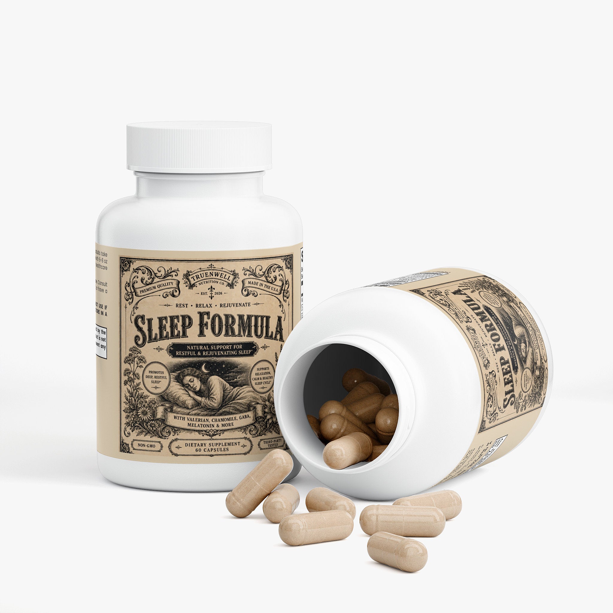 Open bottle of TRUENWELL Sleep Formula showing natural capsules.
