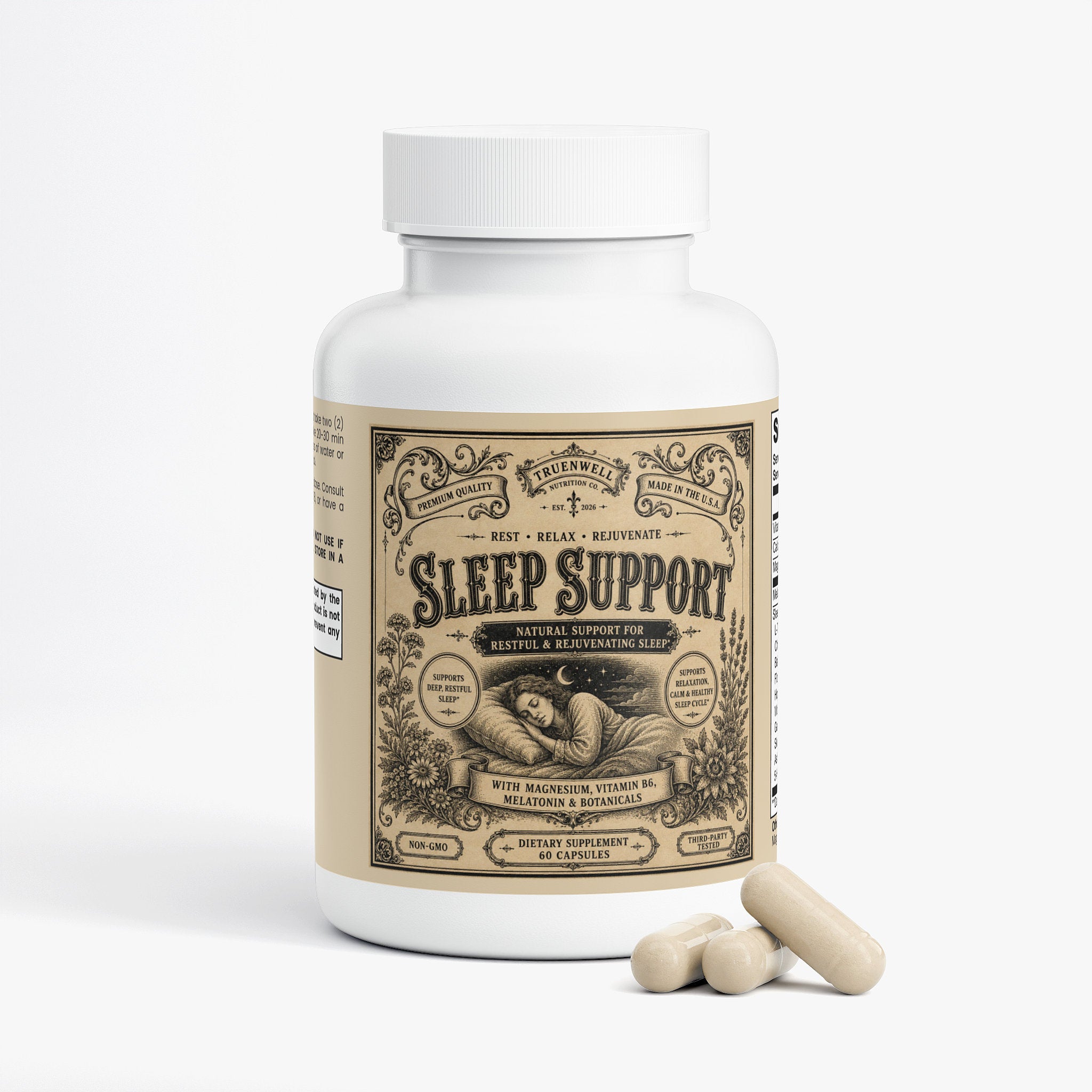 TRUENWELL Sleep Support bottle with capsules displayed.
