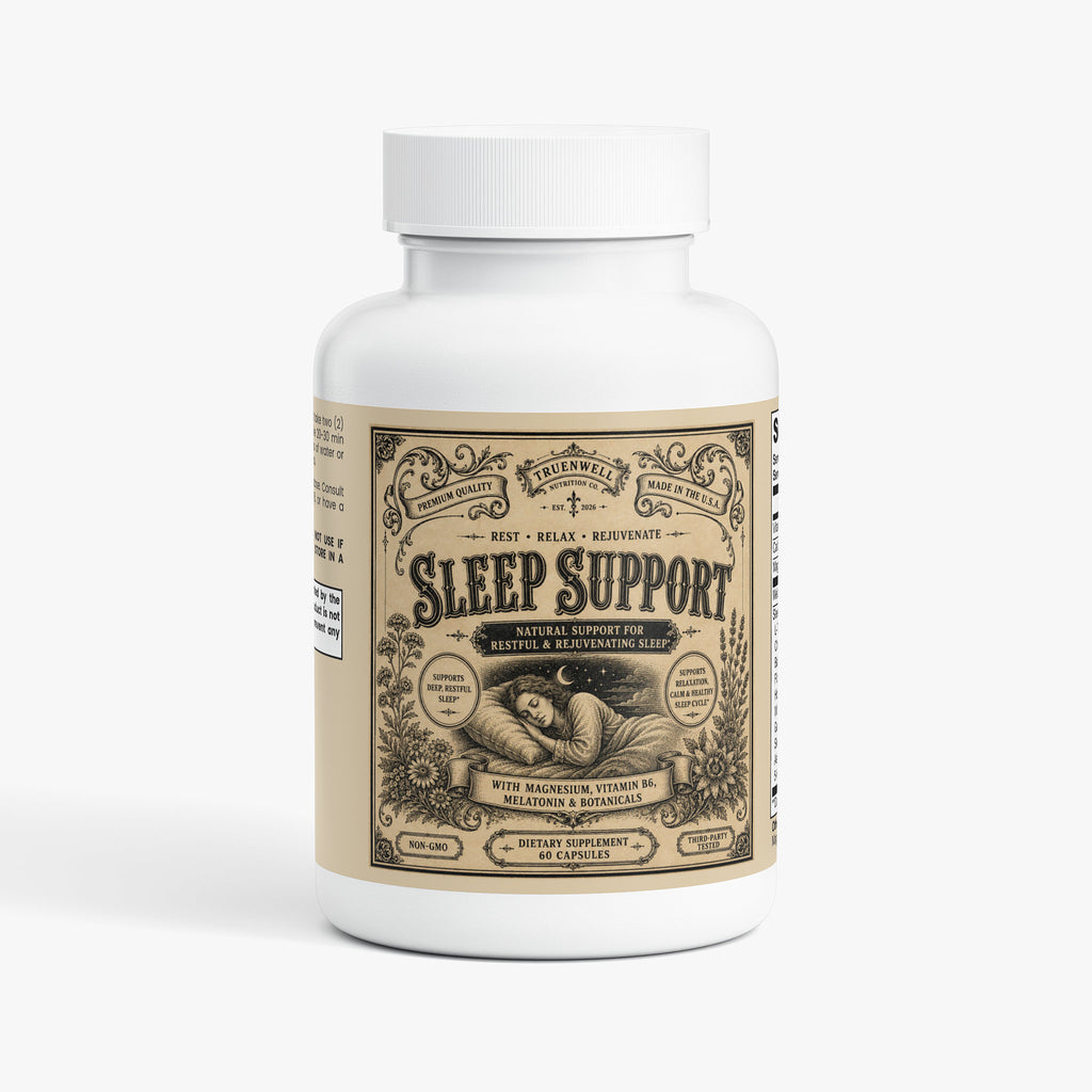 TRUENWELL Sleep Support supplement bottle featuring vintage apothecary label.
