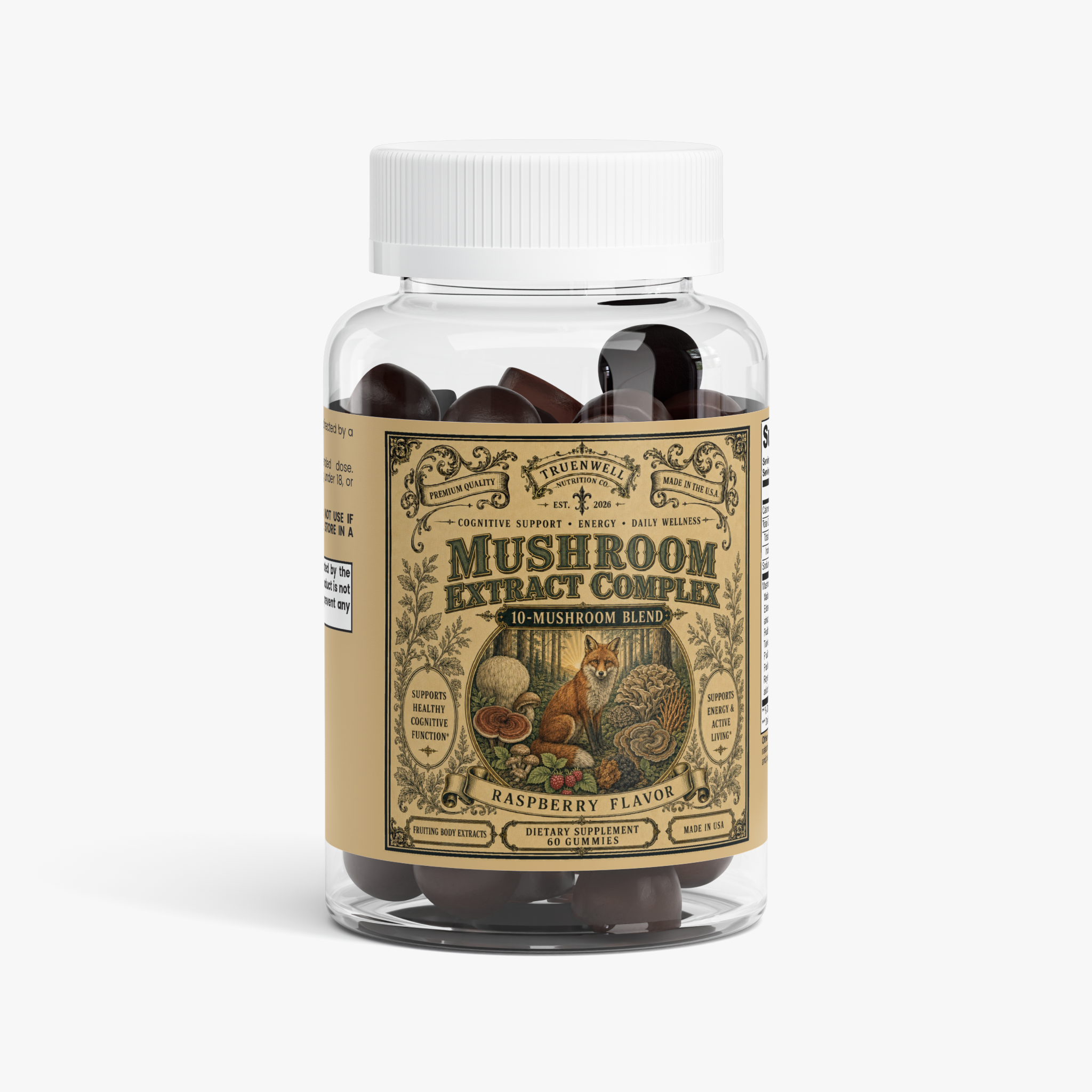 TRUENWELL Mushroom Extract Complex raspberry gummies with ten mushroom fruiting body extracts, 60 gummies
