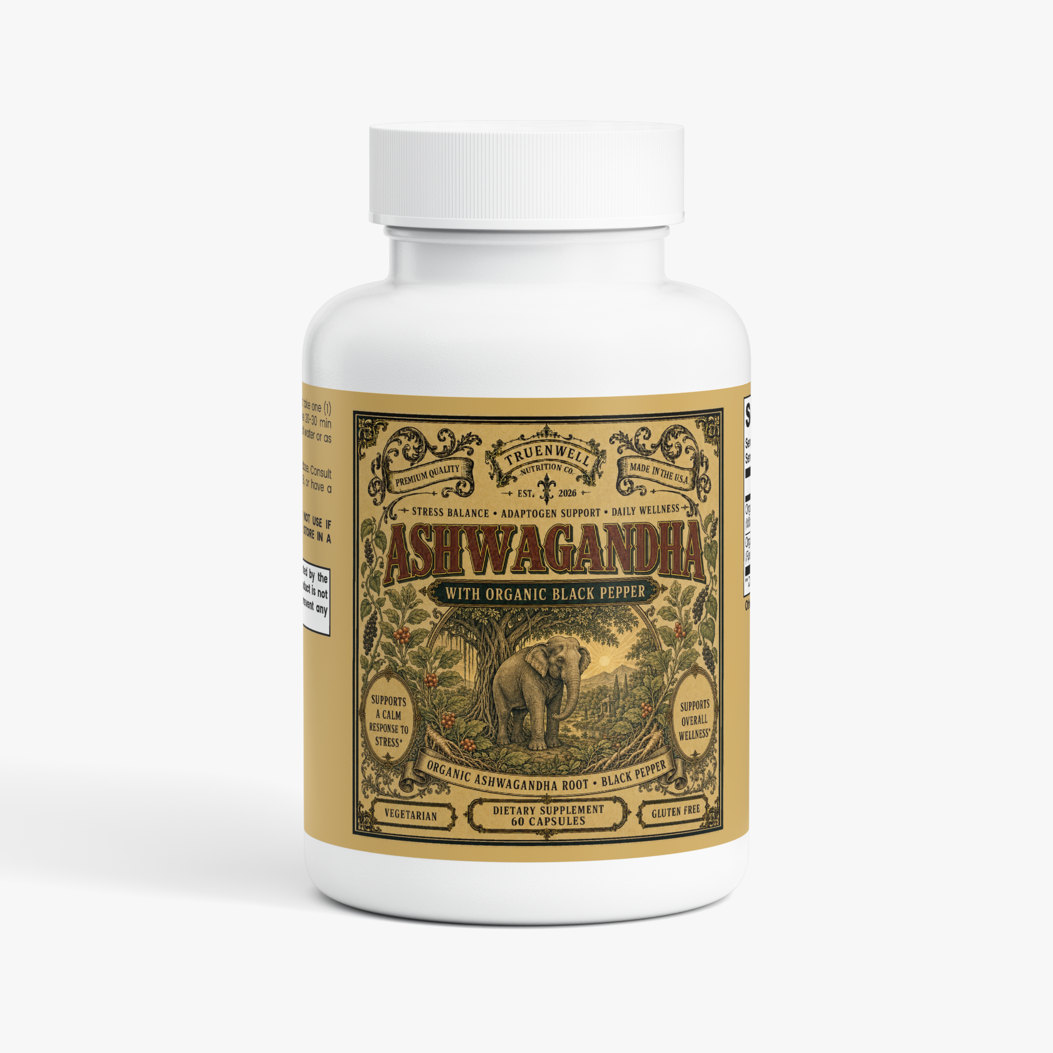 TRUENWELL Organic Ashwagandha with Black Pepper dietary supplement, 60 vegetarian capsules
