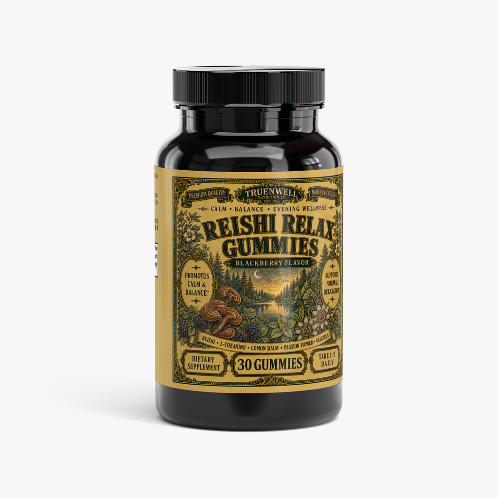 TRUENWELL Reishi Relax Gummies in blackberry flavor with reishi, L-theanine and calming botanicals
