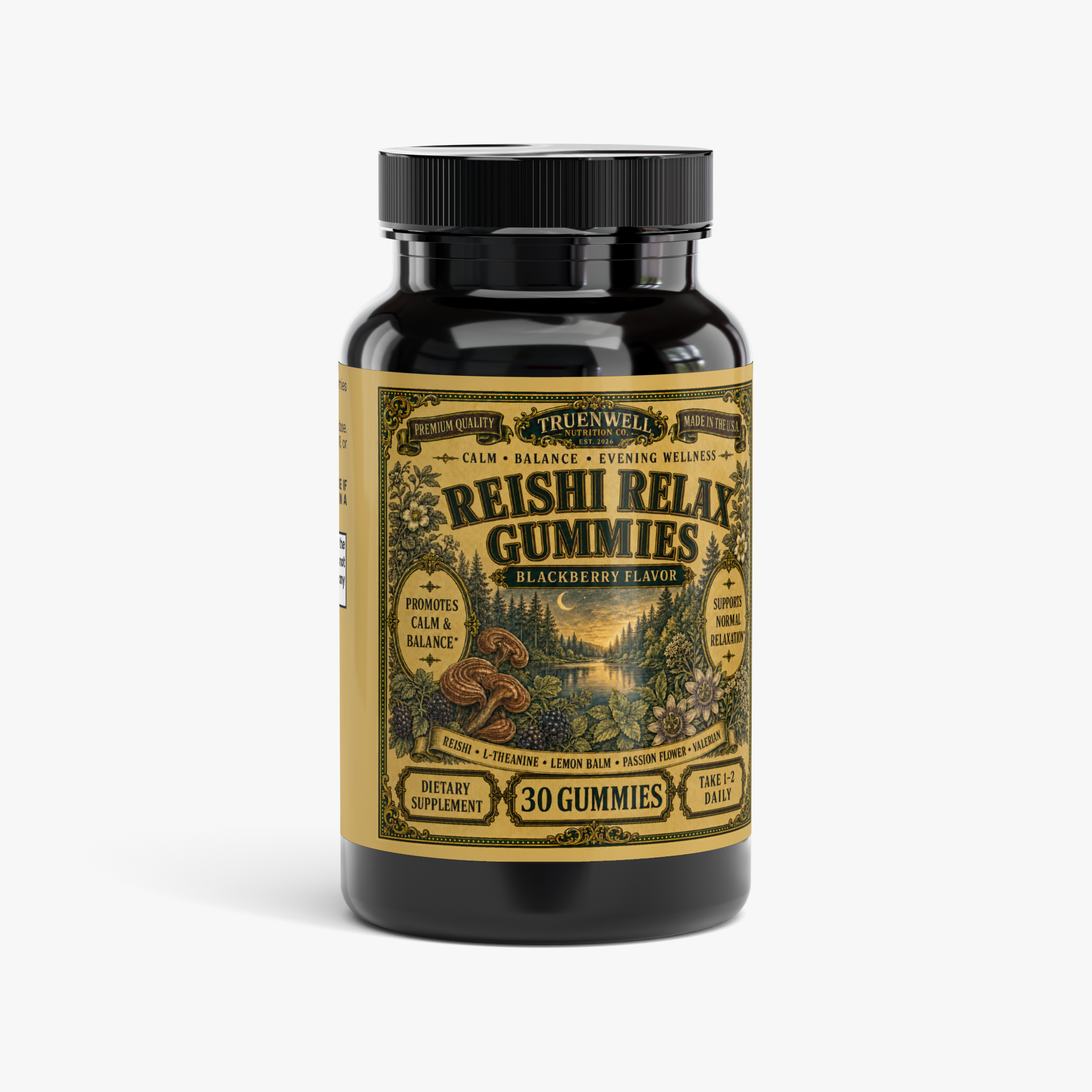 TRUENWELL Reishi Relax Gummies in blackberry flavor with reishi, L-theanine and calming botanicals
