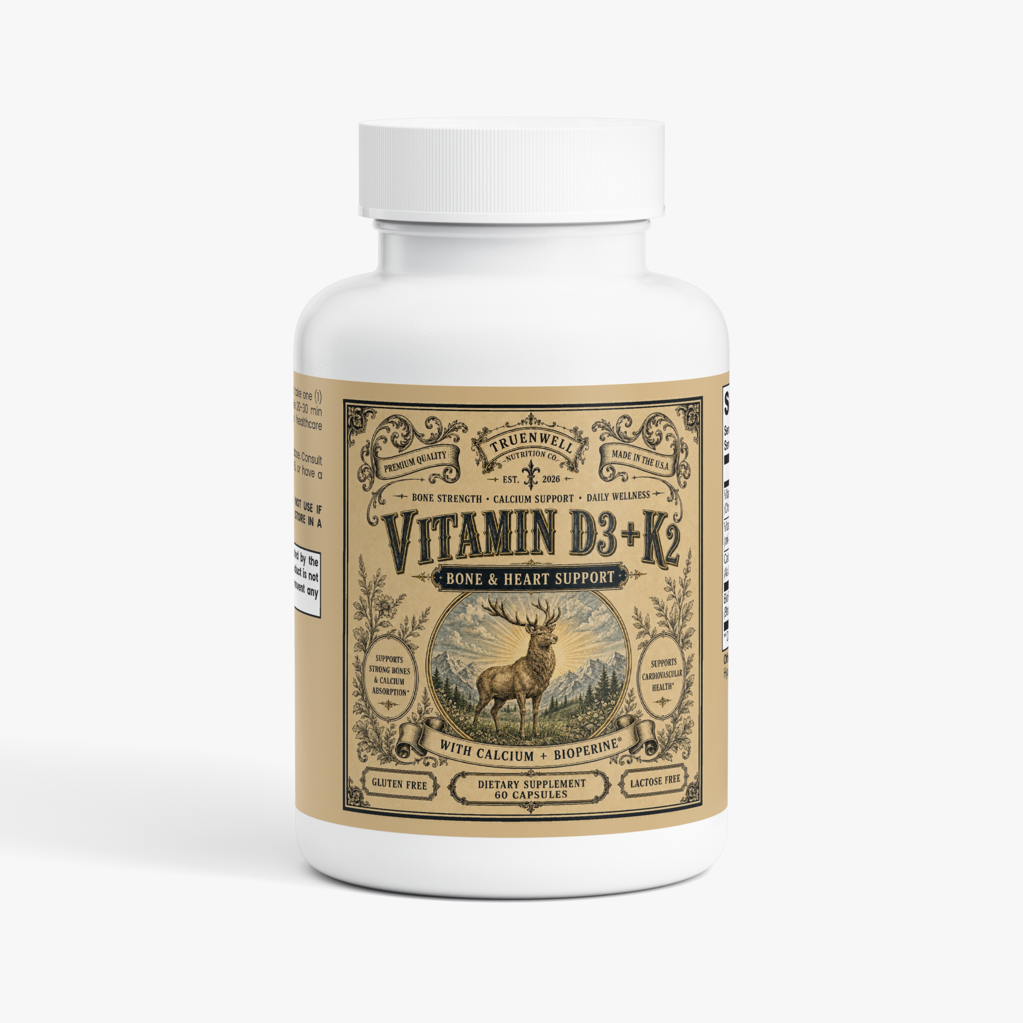 TRUENWELL Vitamin D3 + K2 MK-7 supplement with calcium and BioPerine – 60 capsules
